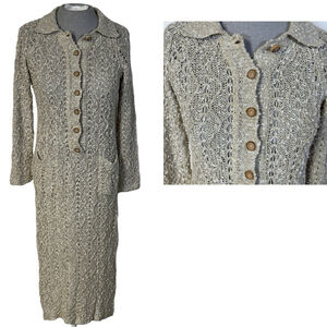 Vintage Pallas Irish Linen Sweater Dress Beige Cream Women’s Small Midi Buttons